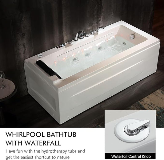 67 in Whirlpool Bathtub,Empava Jetted Tub with Heater,Hydro Massage Bathtub with 9 Water Jets+8 Air Jets,SPA Bathtub with Waterfall,Whirlpool Tub with Light,LED Control Panel