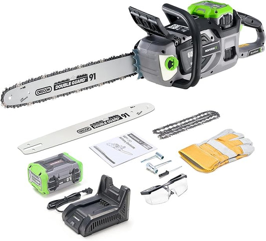 NovorikX 60V Brushless Cordless Chainsaw, 18"&16" Electric Chain Saw with 5.0Ah Battery & Charger, Automatic Oiler, Tool-Free Tension for Tree Trimming & Wood Cutting