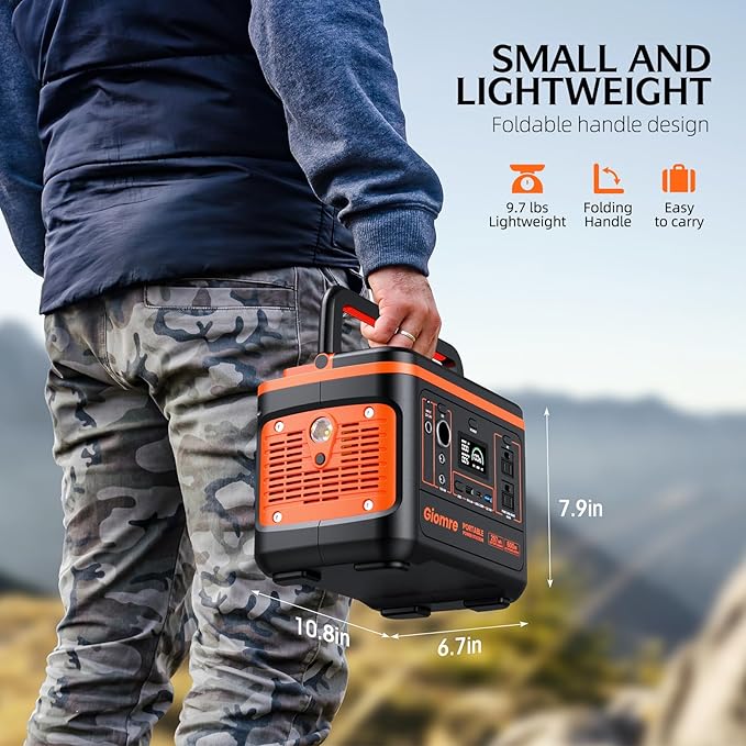 Giomre Portable Power Station, 297Wh Backup Lithium Battery Generator with 600W AC Output and 120W Fast Charging, Solar Generator for Outdoors Camping, Travel Emergency, Home Blackout