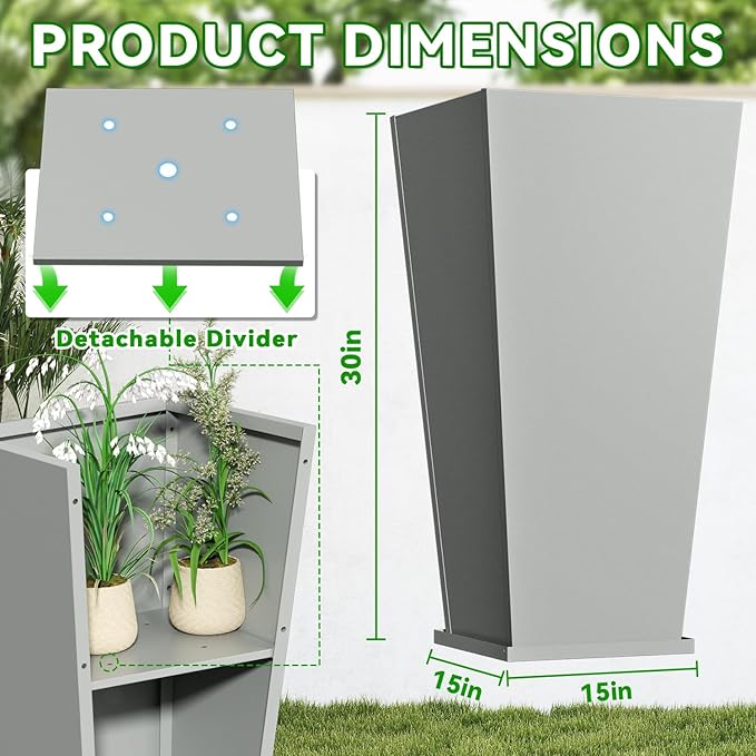 Tall Metal Planter Box, 15" L x 15" W x 30" H 2-Pack Outdoor Planters with Removable Tray, Heavy Duty Steel Front Porch Planters for Patio, Balcony, Indoor(Gray)