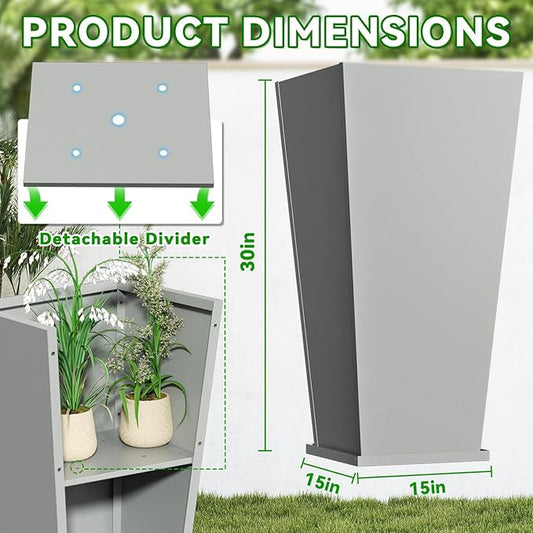 Metal Planter 2 Pack, 15L x 15W x 30H, Heavy Duty Tall Planters for Outdoor Plants, Planters with Removable Insert Shelf, Large Planters with Drainage Holes for Porch, Patio, Grey