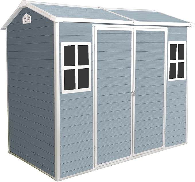 8x4 ft Outdoor Resin Storage Shed with Floor, Waterproof Plastic Garden Shed with Lockable Door and Two Windows, All-Weather Tool Sheds for Backyard, Patio, Lawn (Grey)