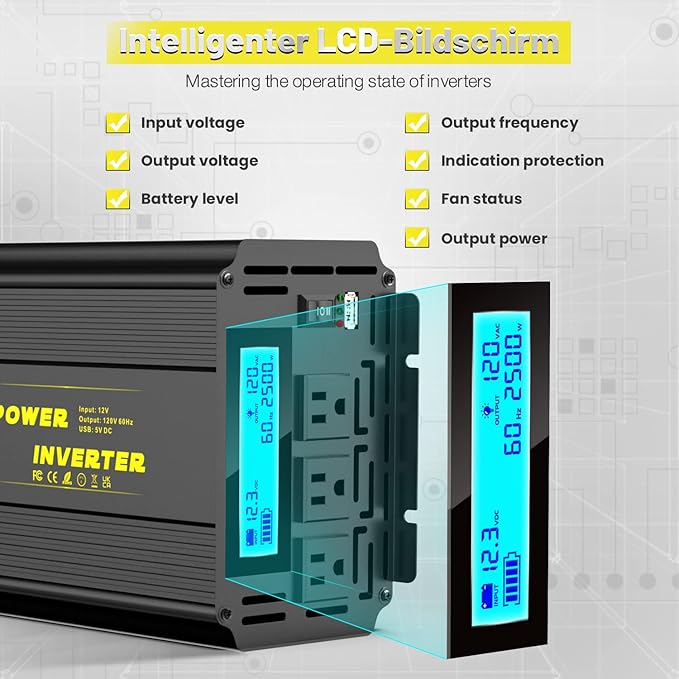 2500 Watt Modified Sine Wave Power Inverter, 12V DC to AC 110V/120V (Peak) 5000W Converter 3 Outlet Car Inverter with Remote Control and LED Display 3.4V USB Port