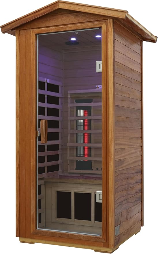 LTCCDSS Outdoor Ceramic Sauna 1 Person, Mahogany Far Infrared Sauna, Low EMF Sauna Room for Home, Chromotherapys | Bluetooth Speakers | Mahogany West African (45.7 * 39.4 * 79.5 inch)