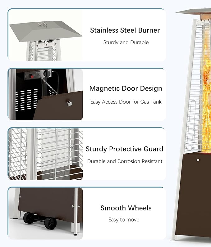 48,000 BTU Pyramid Patio Heater, Outdoor Propane Patio Heater with Detachable Wheels and Protective Cover, Triple Safety Protection Propane Heaters for Terrace, Garden, Poolside, Bronze