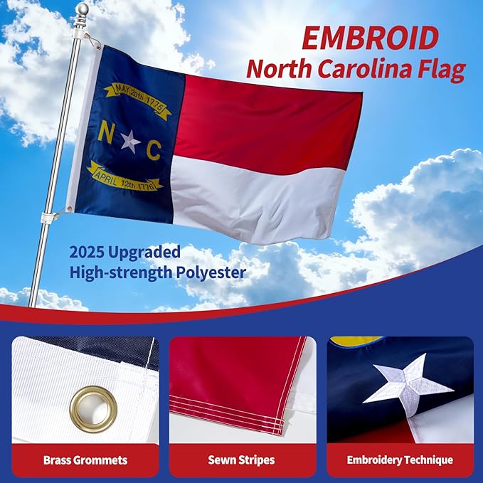 EMBROID North Carolina Flag 6x10,Fully Embroidery Technique,Tear Resistant,Sewn Stripes and Brass Grommets,Upgraded High-strength Polyester Fabric,All Weather Durable State Flags.