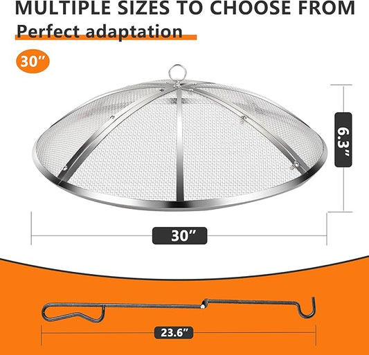 30 Inch Fire Pit Spark Screen,Stainless Steel Fire Pit Screen Cover with Handle&Poker,Outdoor Fire Pit Screen Cover Round Mesh Lid Heavy-Duty for Backyard/Beach/RV Camping