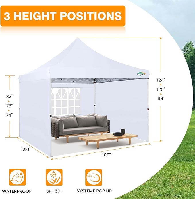 COBIZI 10x10 Pop Up Canopy with 3 Sidewalls, Canopy Tent 10x10 for Parties, Backyard, Commercial, Waterproof and Portable Instant Shelter UV50+ Ez Outdoor Canopy Gazebo with 4 Sandbags(White)