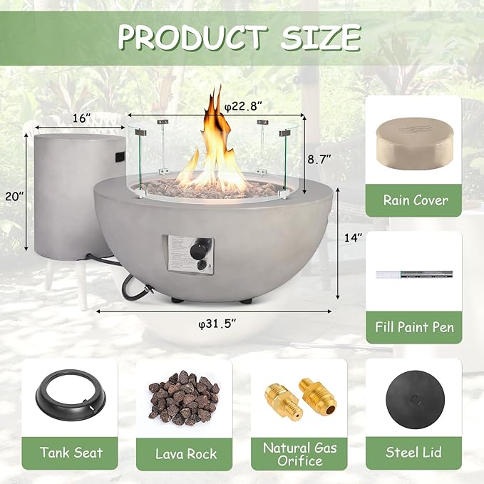 Round Propane Fire Pit–31.5 Inch Outdoor Modern Firepit 3-Piece 50,000 BTU Gas Concrete Fire Pit Tank Cover CSA Certification w Lid and Glass Wind Guard,Lava Rocks for Deck or Patio