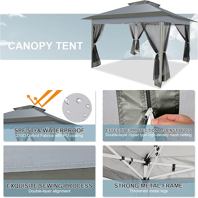 COBIZI 12x12 Pop up Gazebo on Clearance with Mosquito Netting & Sandbags, Outdoor Canopy Tent with 4 Ropes 8 Stakes & Portable Carrying Bag, Patio Portable Gazebo for Garden Backyard & Lawn,Darkgrey