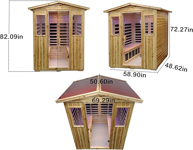 Outdoor Sauna 4 Person Infrared Saunas for Home, 2050watt Canadian Hemlock Wooden Large Sauna Room with Blue-Tooth, 4 Chromo Therapy Lighting, 2 LCD Control