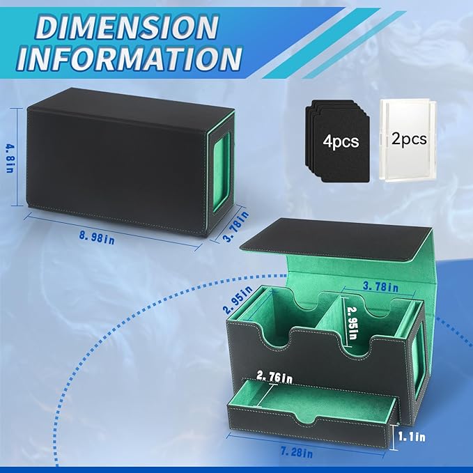 MTG Deck Box with 2 Commander Display,Commder Deck Box Fits 310+ Cards，with Dice Tray,Leather Magnetic,Fits for TCG CCG Magic Cards (Black Green)