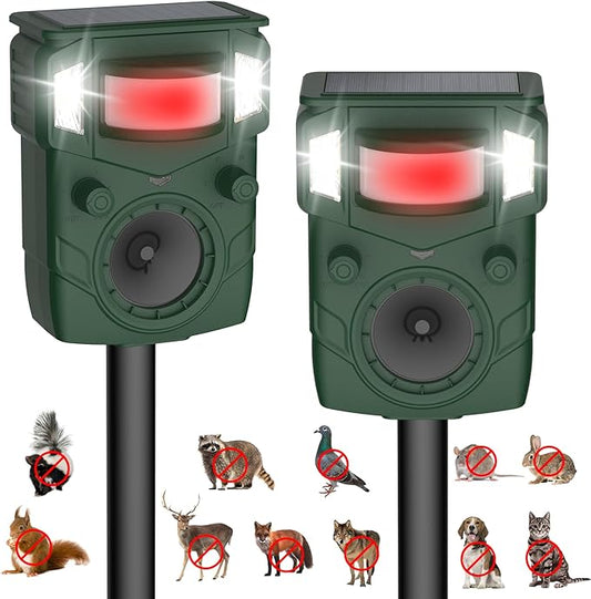 2025 Upgraded Solar Ultrasonic Animal Repellent Outdoor - Motion Activated Deer, Squirrel, Cat,Raccoon, Dog & Bird Deterrent with Multi-Frequency LED Strobe & Ultrasonic Sweep for Garden, Yard 2PC