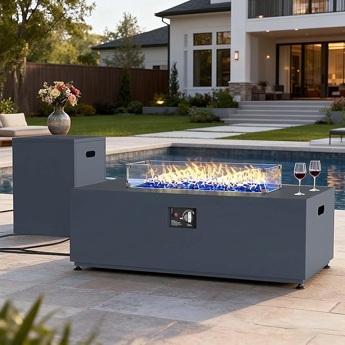 LayinSun 42 Inch Outdoor Fire Pit Table for Outside Patio, 55000BTU Rectangle Propane Firepit with Hidden Fuel Tank, Glass Wind Guard, Waterproof Cover and Lid