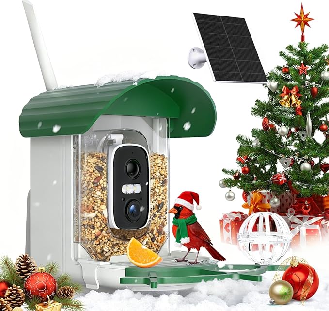 Voxblend Bird Feeder with Camera 3W Solar Powered Panel: Smart Bird Feeder for Outdoors with AI Birds Identify Auto Capture, 2K Live Video, Instant Arrival Alert, Ideal Gift for BirdLovers(Green)