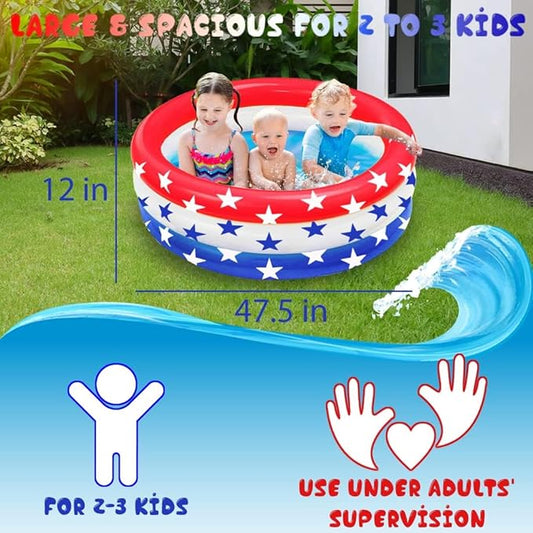 47.5" X 12" Inflatable Kiddie Pool, 2PACK American Flag Swimming Pool, 3 Ring Summer Swimming Pools for Toddler Kids Outdoor Garden Backyard Water Party, Age 3+