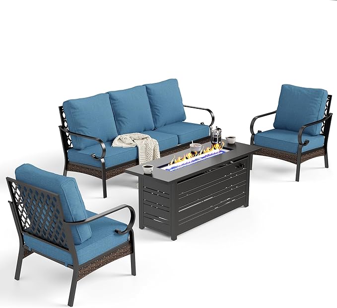 4 Piece Black Metal Outdoor Patio Furniture Sets with Firepit Table, Patio Conversation Sets 1 3-Seater Sofa, 2 Chairs with 5.75" Thick Cushion Backyard Furniture for Deck, Denim Blue
