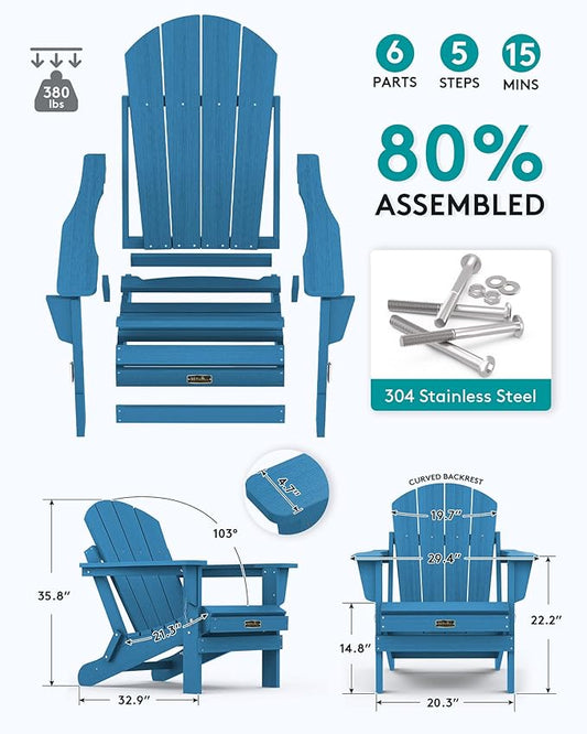 SERWALL Folding Adirondack Chair Set of 8 for Patio Garden Outdoors Fire Pit- Sapphire