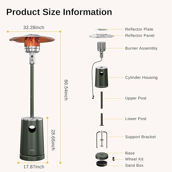 EAST OAK 50,000 BTU Patio Heater with Sand Box, Table Design, Double-Layer Stainless Steel Burner, Wheels, Triple Protection System, Outdoor Heater for Home and Residential, Rain Forest