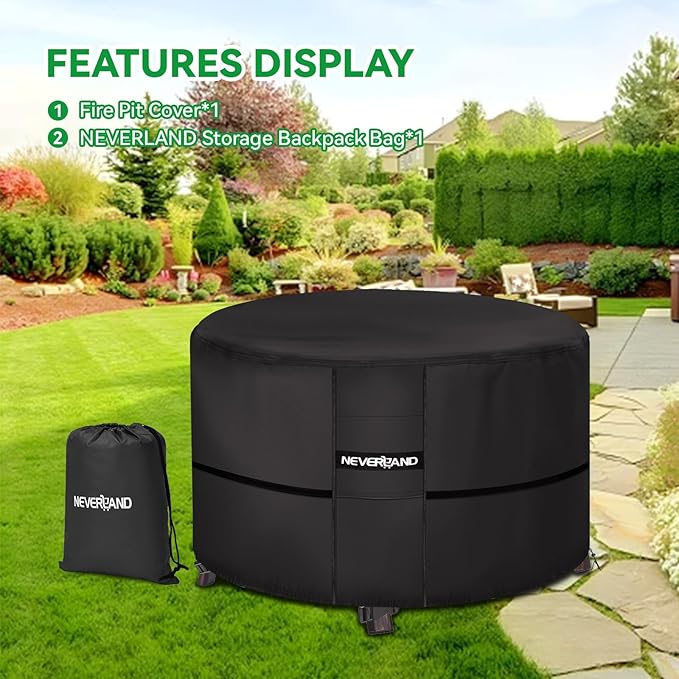NEVERLAND Fire Pit Cover Round - Waterproof Outdoor Firepit Covers Round for 28-32 Inches 600D Oxford Heavy Duty Patio Gas Fire Pit Covers with 4 Buckle Straps and Air Vents, 32 x 16 Inch Black