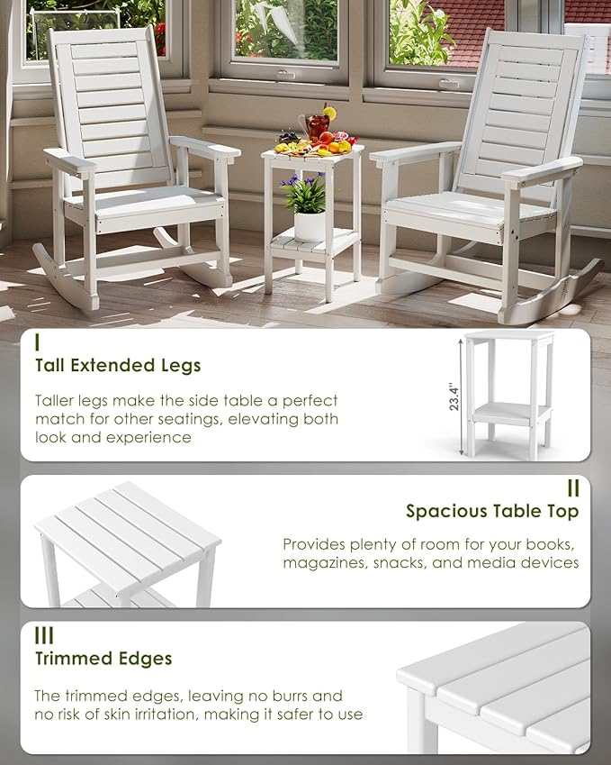GREENVINES Tall-Outdoor-Side-Table Set of 2 | 23.5" | HDPE Plastic | Patio Adirondack End Tables | All Weather | 2-Tier | White | for Porch Garden Indoor & Rocking Chairs