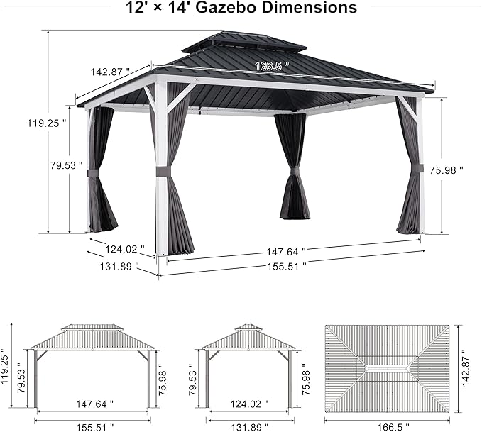 PURPLE LEAF 12' X 14' Hardtop Gazebo Metal Double Roof White Aluminum Frame Outdoor Heavy Duty Gazebo with Curtain and Netting for Patio Garden and Backyard, Grey