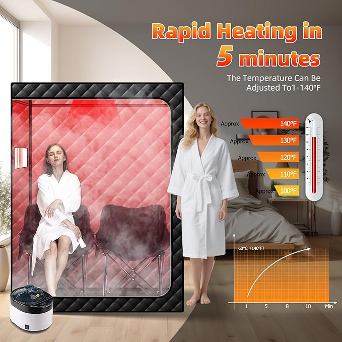 Portable Infrared Steam Sauna with 660nm Red Light Therapy, 2 Person Infrared Saunas Tent with 4L Steamer, 2 Large Folding Chair, Full Size Indoor Home Spa for Relaxatiom & Detox