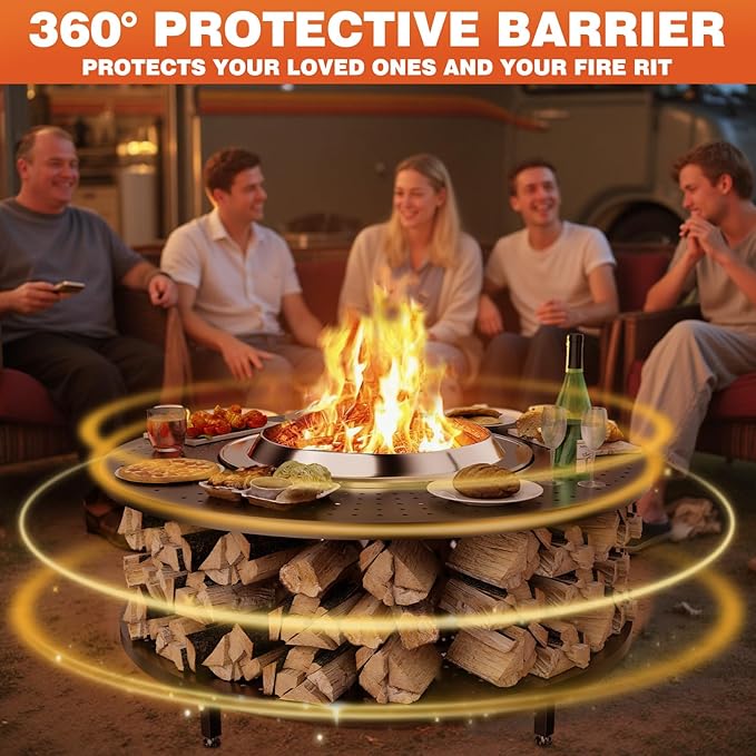 Fire Pit Surround Tabletop for Solo Stove Yukon 1.0 & 2.0, 48" Fire Pit Surround Tabletop with Wood Storage Shelf,Powder-Coated Steel Surround Tabletop with Extra Space