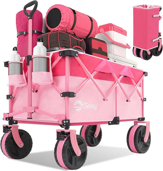 Sekey 220L Wagons Carts Foldable with Big All-Terrian Beach Wheels, Collapsible Heavy DutyWagon with Cup Holders, Extra Large Folding Wagon,Foldable Wagon for Camping, Garden, Sports.Pink