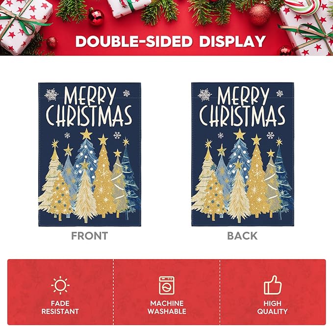 AVOIN colorlife Merry Christmas House Flag 28x40 Inch Double Sided Outside, Christmas Trees Winter Holiday Yard Outdoor Flag Blue
