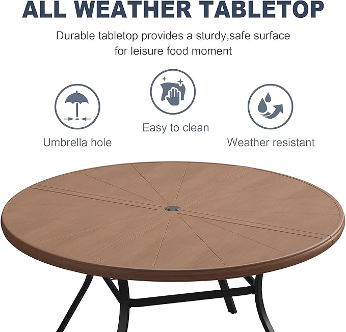 VICLLAX Round Patio Dining Table, 6-8 Person Aluminum Outdoor Dining Table with Umbrella Hole and Storage Shelf for Garden Lawn Deck, 53" Walnut