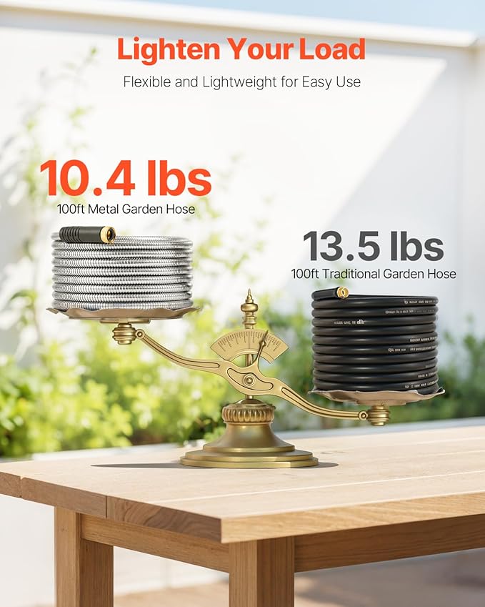 VEVOR Garden Hose Metal 100FT – Heavy Duty Stainless Steel Water Hose, Flexible, No Kink & Tangle, Puncture Resistant & Rust Proof, Lightweight w/ 10-Function Spray Nozzle for Yard, Outdoor, Gardening