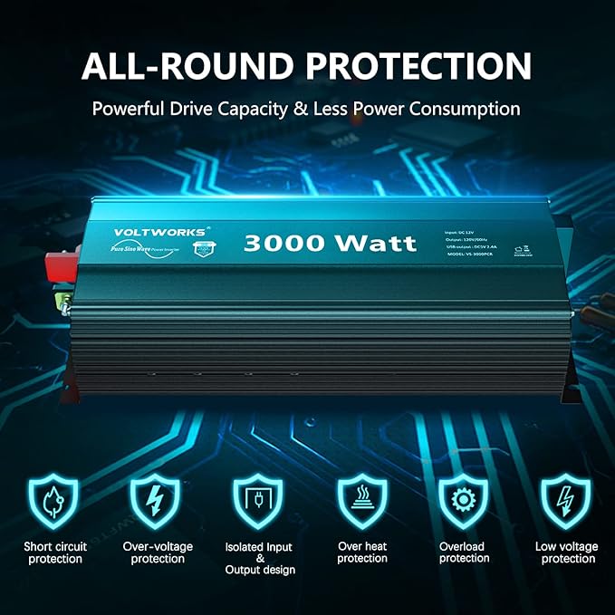 3000 Watt Pure Sine Wave Inverter 12V DC to 110V 120V AC with UL Fuses 3000W Power Inverter for Home RV Truck Off-Grid Solar with AC Hardwire 30A Compatible with Lithium Battery VOLTWORKS