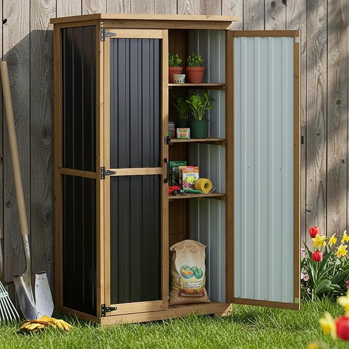 Outdoor Storage Cabinet with Shelves, Wood & Metal Storage Shed with Weatherproof Roof, 3 Removable Shelves, Double Lockable Doors, Adjustable Feet, Outside Storage Cabinet for Garage, Patio, Backyard
