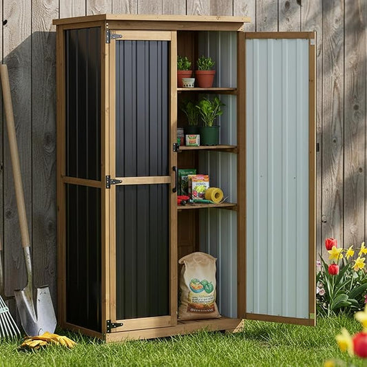 Outdoor Storage Cabinet with Shelves, Wood & Metal Storage Shed with Weatherproof Roof, 3 Removable Shelves, Double Lockable Doors, Adjustable Feet, Outside Storage Cabinet for Garage, Patio, Backyard