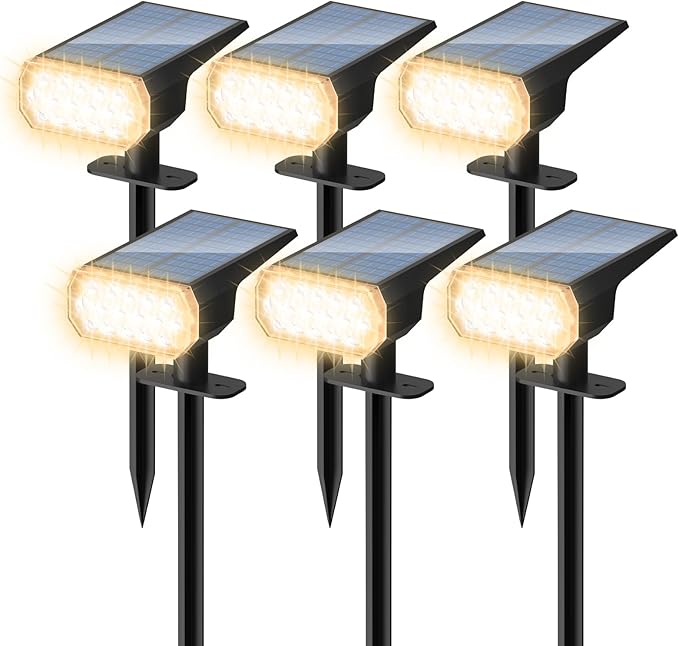 BvenuBigLite Waterproof Solar Lights Outdoor: IP65 Led Spot Light Decorations for Garden - 3 Lighting Modes Solar Powered for Yard - Dust to Dawn Uplighting Landscape Pathway Drive Patios 6PC Warm
