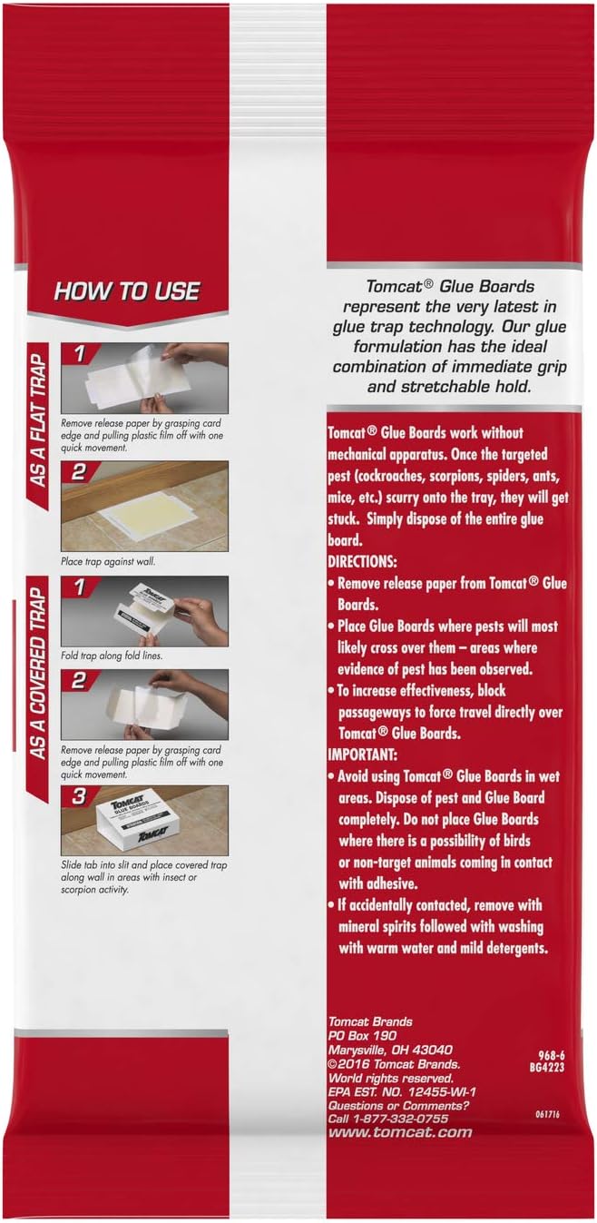 Tomcat Glue Boards with Immediate Grip Glue for Mice, Cockroaches, and Insects, Use Flat or Covered, Ready-To-Use, 4 Traps