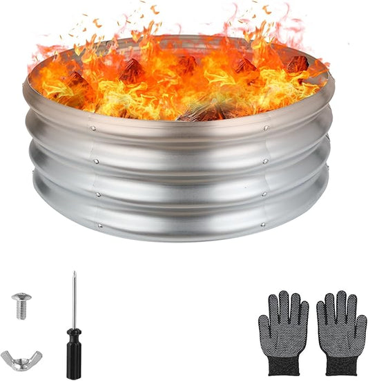 24 Inch Round Galvanized Fire Pit Ring, Silver Round Galvanized Fire Ring, 2 Feet Diameter Fire Pit, Outdoor Pits for Backyard, Camping, Bonfire
