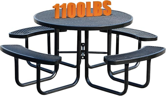 8-Person Outdoor Picnic Tables,46" Heavy-Duty Metal Round Picnic Table,Expanded Metal Commercial-Grade Table with 4 Benches & Umbrella Hole,Waterproof Coating Beach Table for Patio,Garden, Backyard