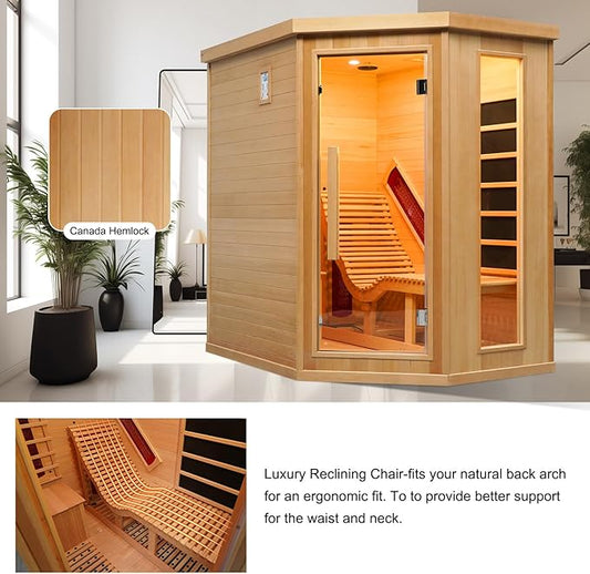 ZONEMEL Infrared Sauna Room with Recliner, 1 or 2 Person Full Spectrum Infrared Sauna Home, 220V, 2300W, 4 Heating Tubes, 4 Carbon Crystal Heating Panel, Bluetooth Speakers, 7 Color Light, Oxygen Bar