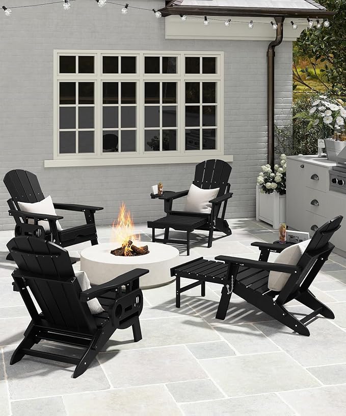 Adjustable Adirondack Chair with Retractable Ottoman, HDPE Folding Adirondack Chair with Cup Holder, All Weather Fire Pit Chair for Outdoor.