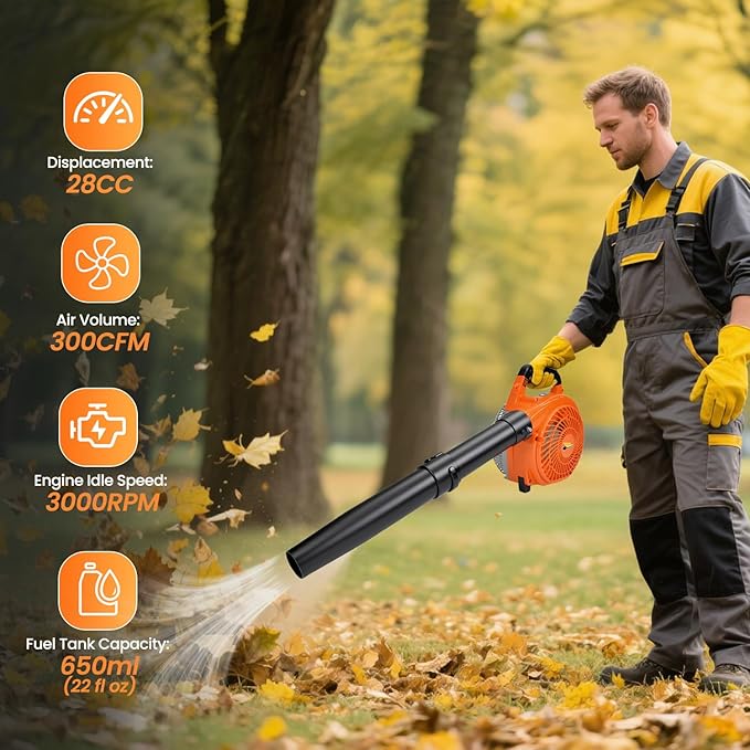 RIDALIYA 28CC Gas Leaf Blower, 1.1HP 2-Stroke Handheld Blower, 460 CFM 160 MPH High-Performance Air Volume, Lightweight Design for Lawn, Yard, and Driveway Cleanup