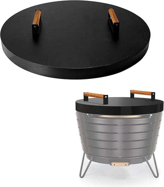 FEBTECH Firepit Lid Compatible with Fire Pit Inside up to 23" - Carbon Steel Tabletop Fire Pit Cover with 2 Heat Resistant Wooden Handles - Fire Pit Accessories for Family Gatherings & Bonfire