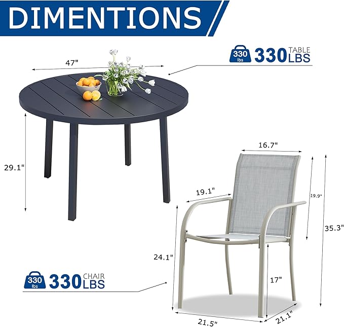 7 Pieces Patio Dining Set for 6, Beige Blue Patio Stackable Chairs and Black Round Table Set of 6, Outdoor Furniture Set with Sling Support for Outside, Garden