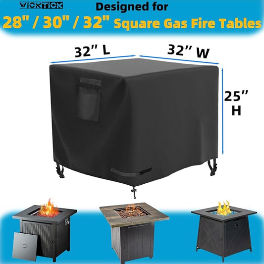 Square Gas Fire Pit Cover 32 x 32 x 25 Inch, Waterproof & 600D Heavy Duty Fire Table Cover for 28x28, 30x30, 32x32 Inch Patio Tall Propane Firepits