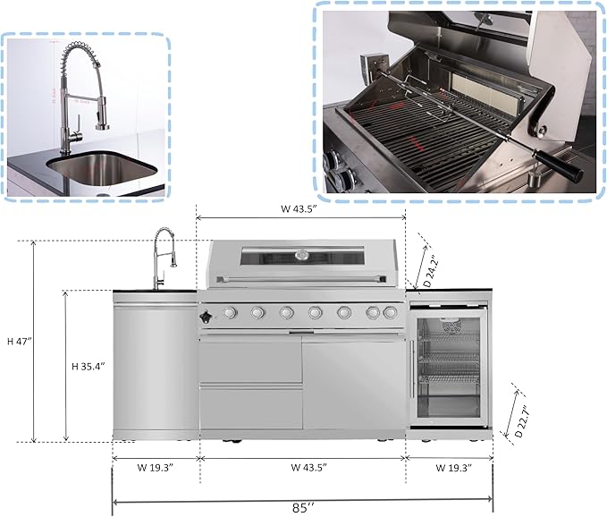 85-Inch 6-Burner 85000 BTU Deluxe Stainless Steel Gas Outdoor Kitchen Bar Barbecue Island Grill, Wine Cooler Compact Refrigerator, Rotisserie, Granite Countertops, Storage Cabinets & Drawers, Silver