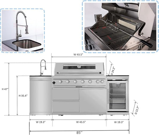 85-Inch 6-Burner 85000 BTU Deluxe Stainless Steel Gas Outdoor Kitchen Bar Barbecue Island Grill, Wine Cooler Compact Refrigerator, Rotisserie, Granite Countertops, Storage Cabinets & Drawers, Silver
