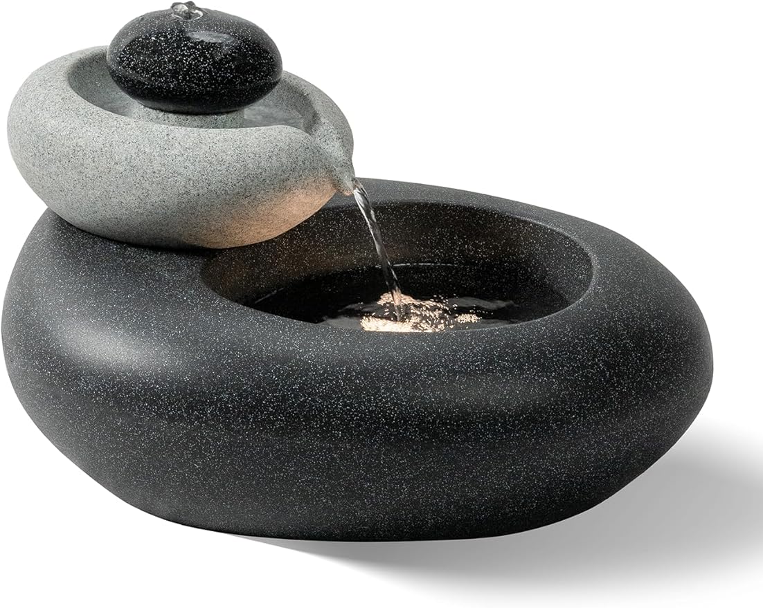 Puulye 13.39" H Outdoor Water Fountain Made with Eco-Friendly Recyclable Materials, Polyethylene Rock Waterfall Outdoor Fountain, Garden Decor with LED Light & Pump for Patio, Backyard (13.39")