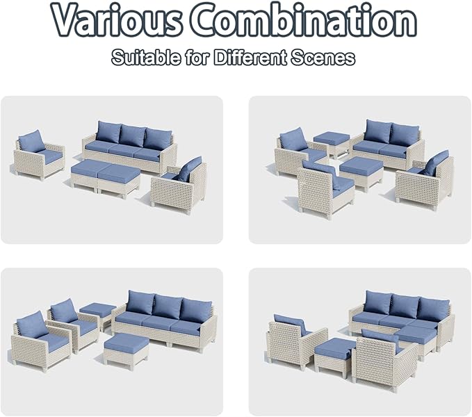 Outdoor Patio Furniture Set 7-Piece Modular Wicker Sectional Sofa with Ottomans and Thick Cushions, Modern Rattan Outdoor Conversation Couch for Garden Backyard, Navy