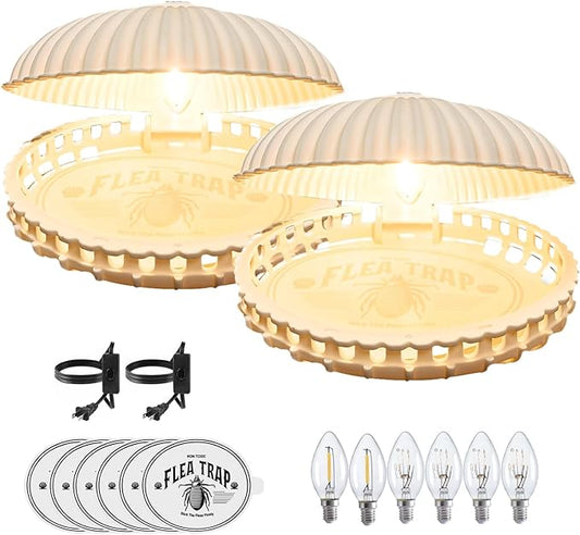 2 Packs Flea Traps for Inside Your Home Flea Light Trap Treatmetnt with 6 Refills & 6 Bulbs for Bugs Insect Pest Control Traps for Living Room, Balcony, and Bedroom